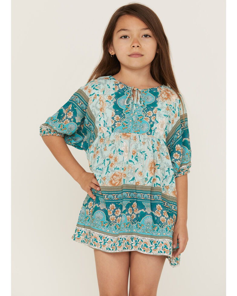 Hayden Girls' Border Print Tunic Turquoise Dress, Turquoise, hi-res