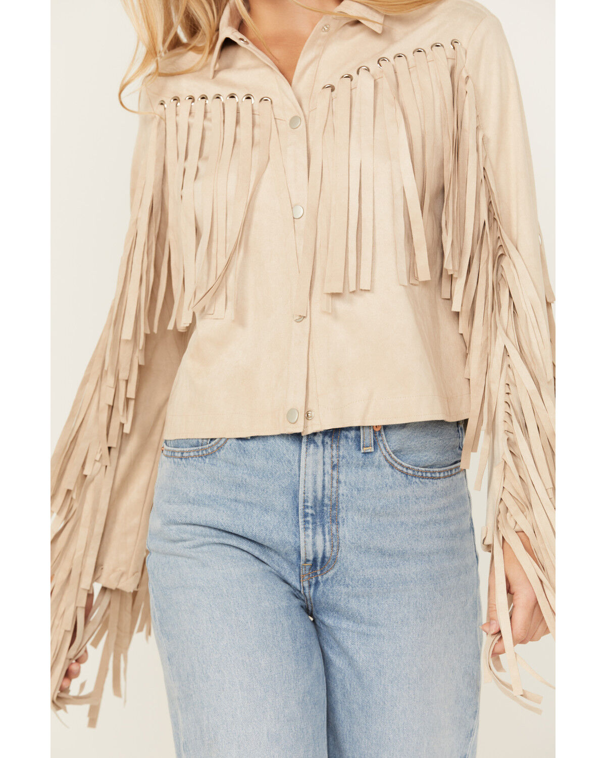 Image #3 - Blue B Women's Grommet Faux Suede Fringe Jacket, Beige, hi-res
