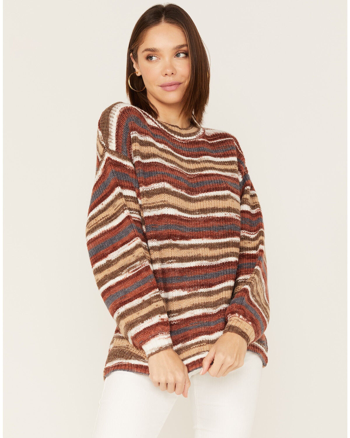 Cleo + Wolf Women's Stripe Knit Oversized Sweater, Brown, hi-res