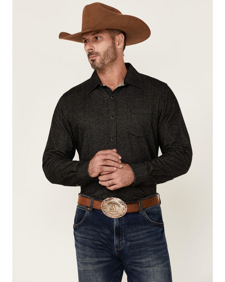Stetson Men's Solid Black Brushed Twill Snap Western Flannel Shirt , Black, hi-res