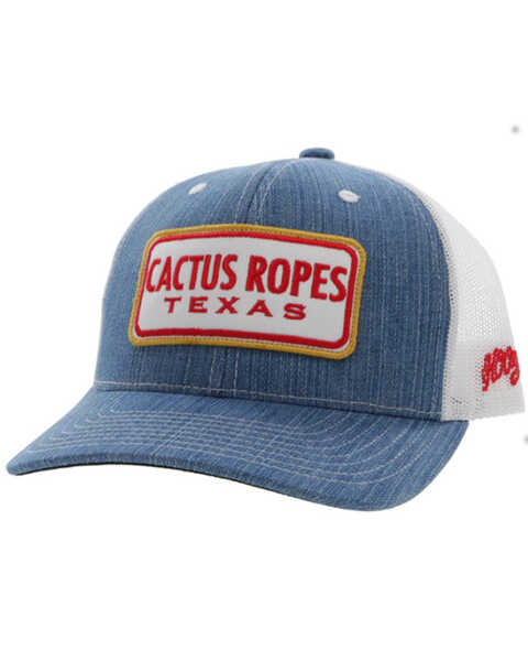 Hooey Men's Cactus Ropes Patch Denim Mesh Back Trucker Cap, Indigo, hi-res