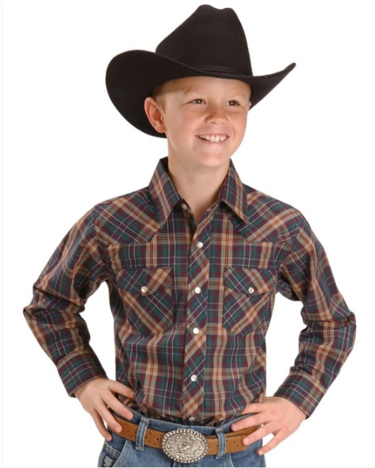 Image #3 - Wrangler Boys' Assorted Plaid Long Sleeve Pearl Snap Western Shirt, Plaid, hi-res