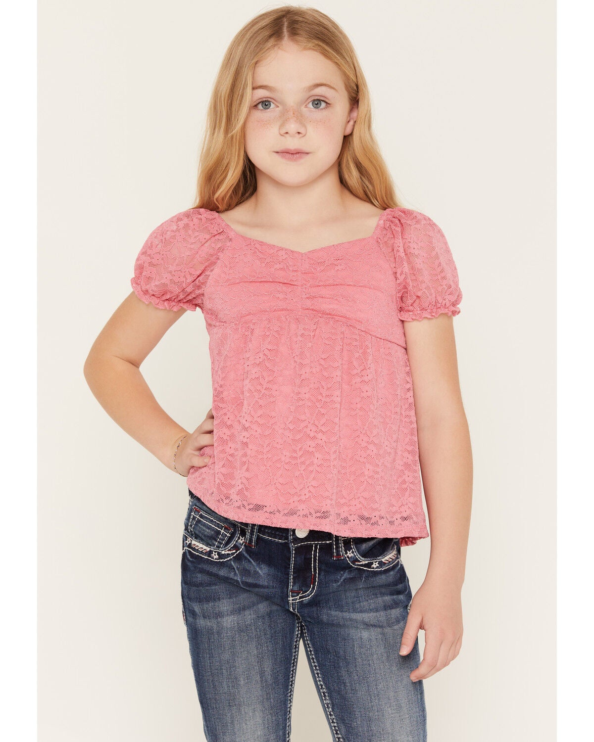 Sugar California Girls' Lace Short Puff Sleeve Shirt, Pink, hi-res