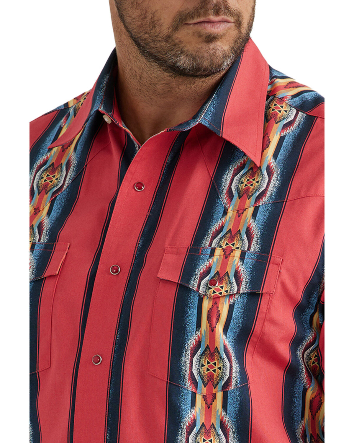Image #2 - Wrangler Men's Checotah Southwestern Striped Print Long Sleeve Pearl Snap Western Shirt - Tall, Red, hi-res