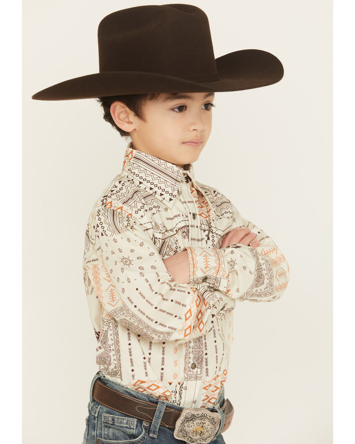 Image #2 - Cowboy Hardware Boys' Southwestern Bandana Print Long Sleeve Snap Stretch Western Shirt, Tan, hi-res