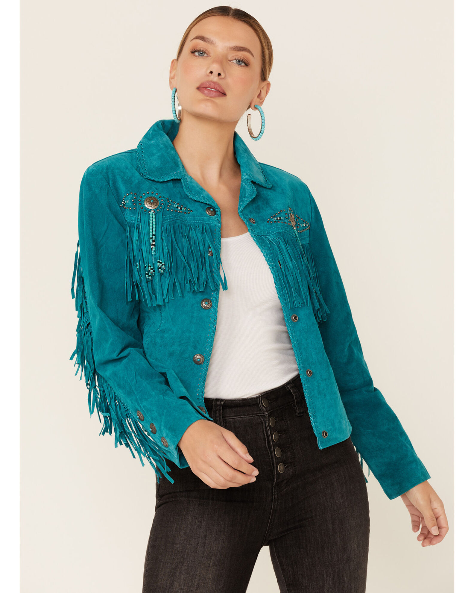 Scully Fringe Beaded Boar Suede Leather Jacket Sheplers