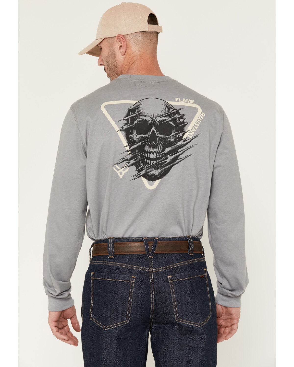 Hawx Men's FR Solid Triangle Skull Long Sleeve Graphic Work T-Shirt, Grey, hi-res
