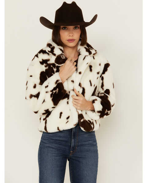 Image #1 - Ashley Women's Cow Print Faux Fur Jacket , White, hi-res
