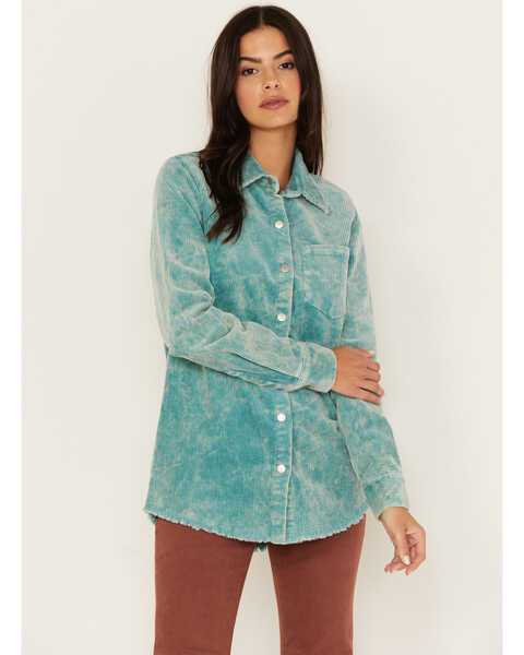 Image #1 - Rock & Roll Denim Women's Corduroy Long Sleeve Snap Shirt, Turquoise, hi-res