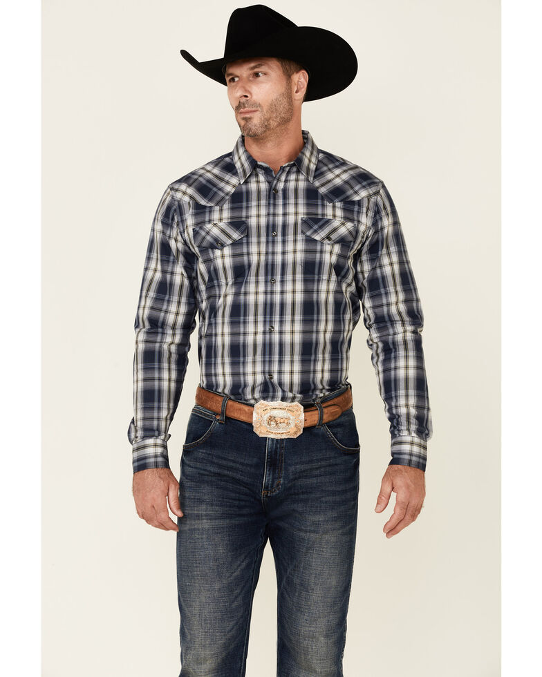 Gibson Men's Wheeler Large Plaid Long Sleeve Snap Western Shirt , Navy, hi-res