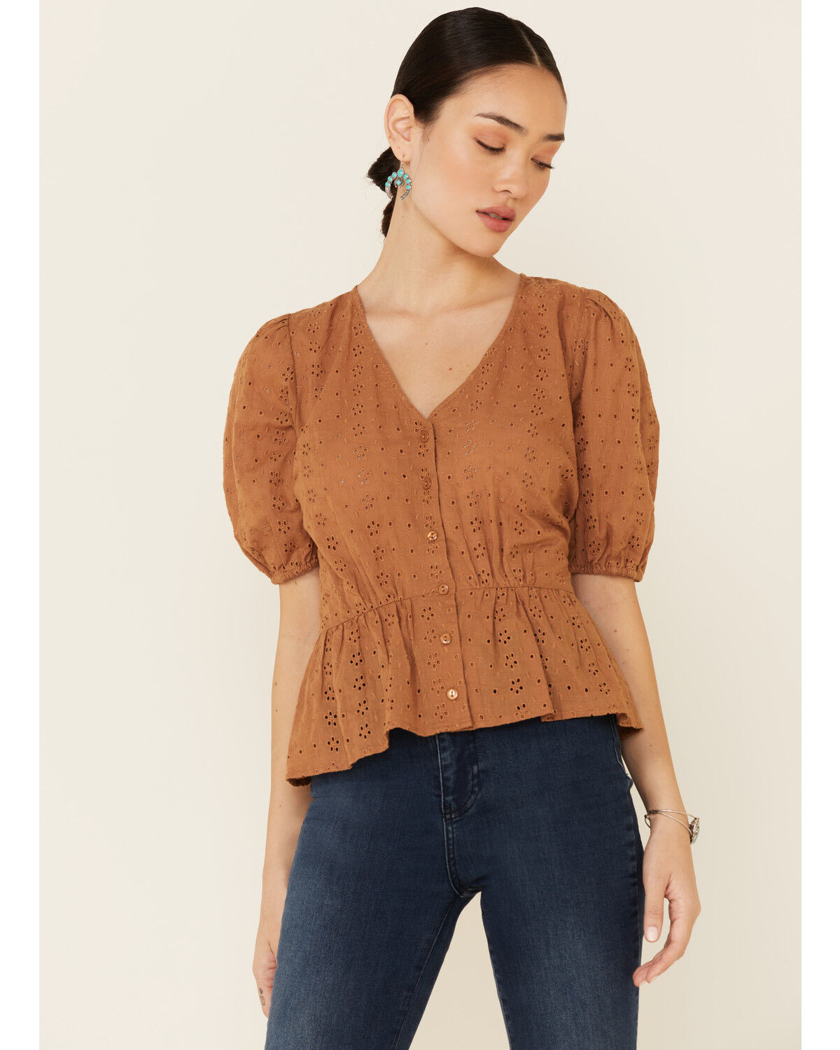 Image #1 - Wishlist Women's Eyelet Peplum Short Sleeve Top, Mustard, hi-res