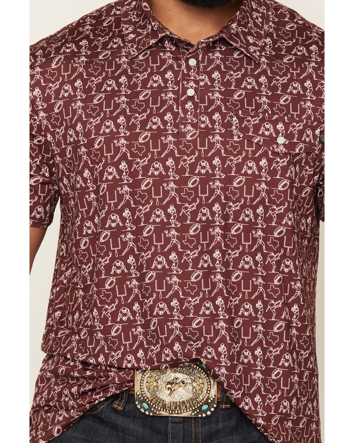 Image #3 - Rock & Roll Denim Men's Game Day Short Sleeve Snap Polo, Maroon, hi-res