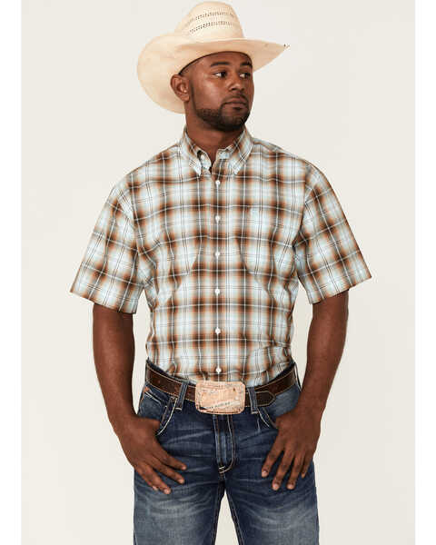 Cinch Men's Plaid Print Short Sleeve Button Down Western Shirt , Brown, hi-res