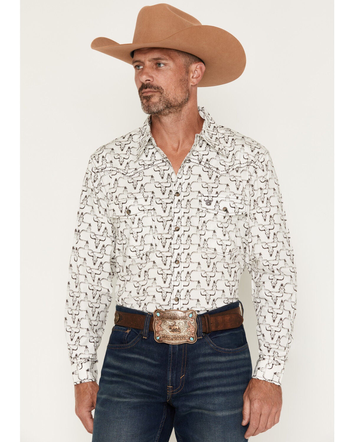Image #1 - Cowboy Hardware Men's Hombre Skull Print Long Sleeve Snap Stretch Western Shirt, White, hi-res