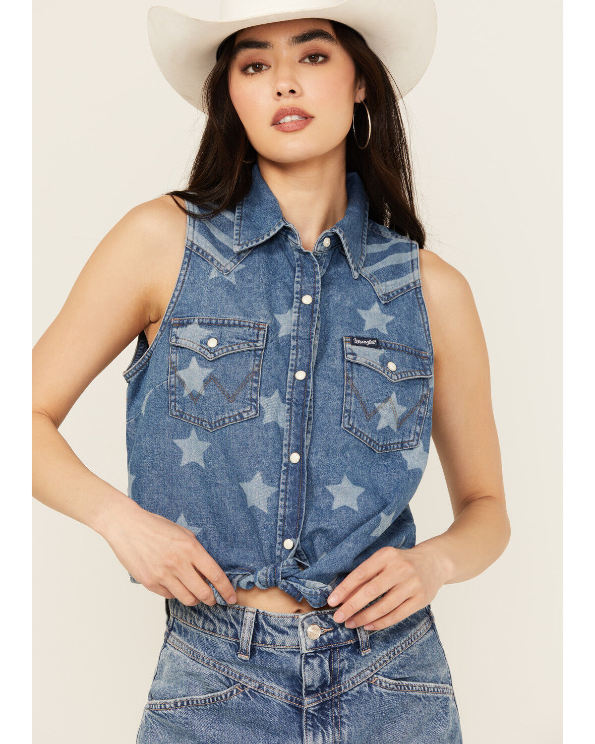 Image #1 - Wrangler Women's Americana Front Tie Sleeveless Snap Western Shirt, Blue, hi-res