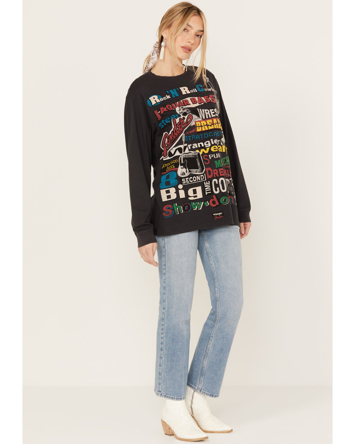 Image #1 - Wrangler X Fender Women's Collage Graphic Sweatshirt, Black, hi-res