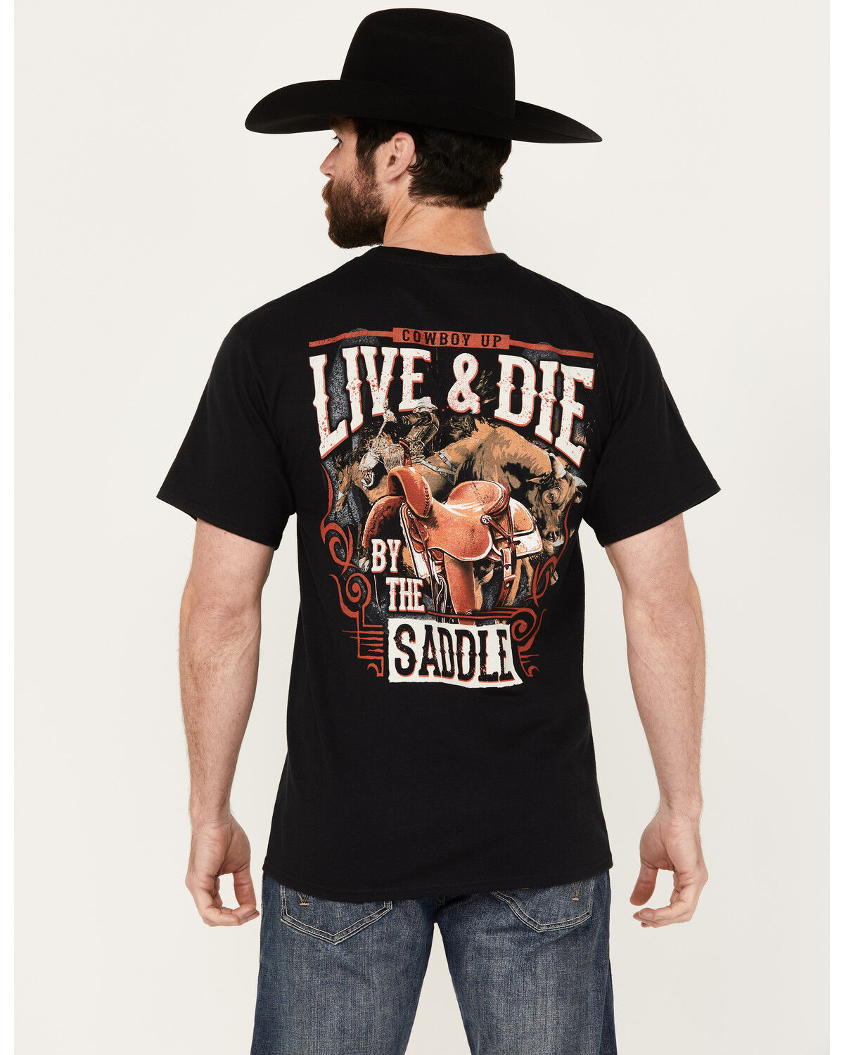 Image #1 - Cowboy Up Men's Live & Die by the Saddle Short Sleeve Graphic T-Shirt, Black, hi-res