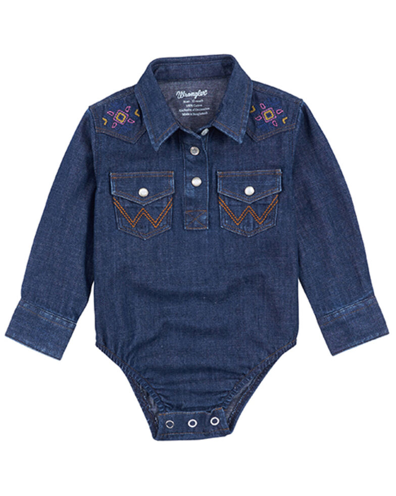 Wrangler Infant-Girls' Medium Wash Embroidered Long Sleeve Denim Onesie, Blue, hi-res