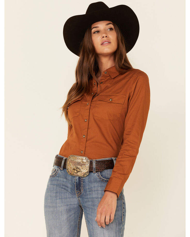 Shyanne Women's Solid Brown Long Sleeve Snap Western Core Riding Shirt , Brown, hi-res