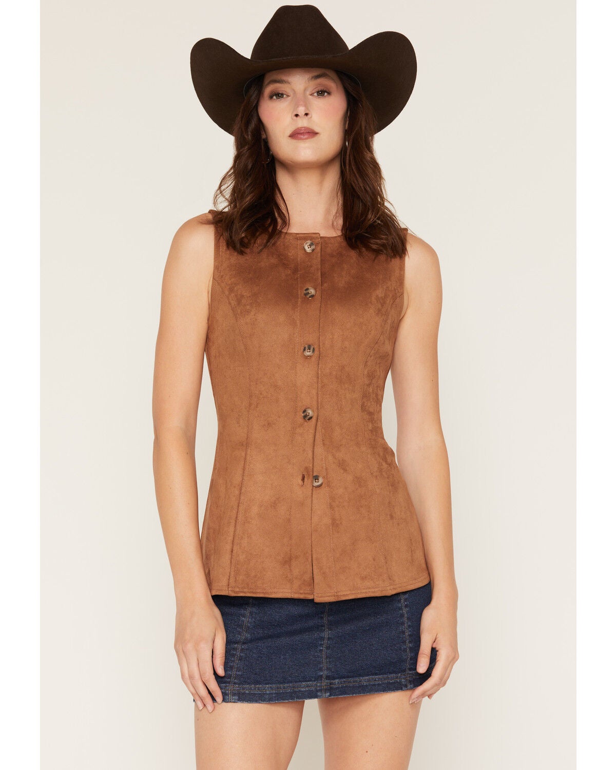 Image #2 - Originality Women's Faux Suede Vest Top, Taupe, hi-res