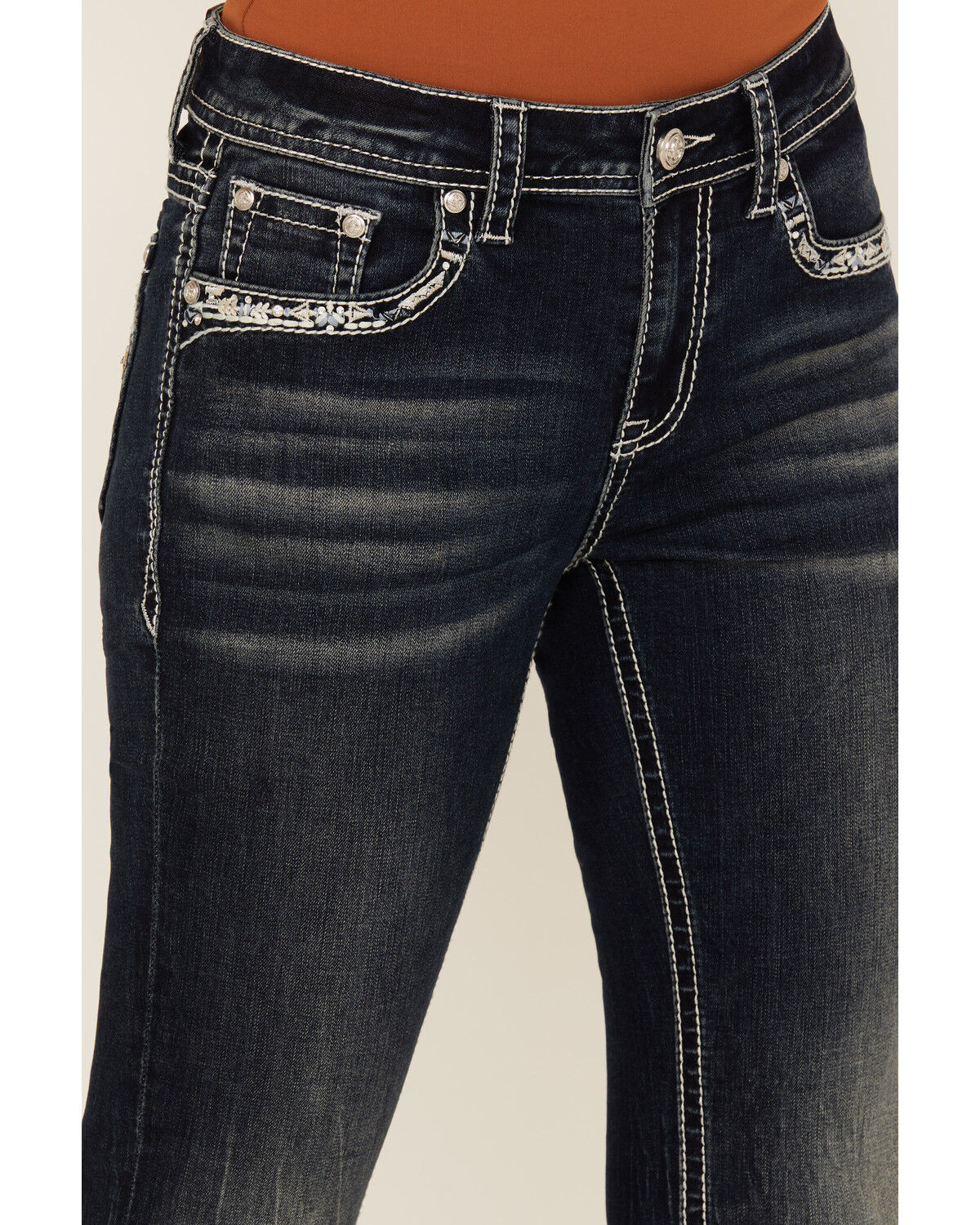 Image #4 - Grace In LA Women's Dark Wash Geo Print Embroidered Mid Rise Bootcut Stretch Denim Jeans, Dark Wash, hi-res