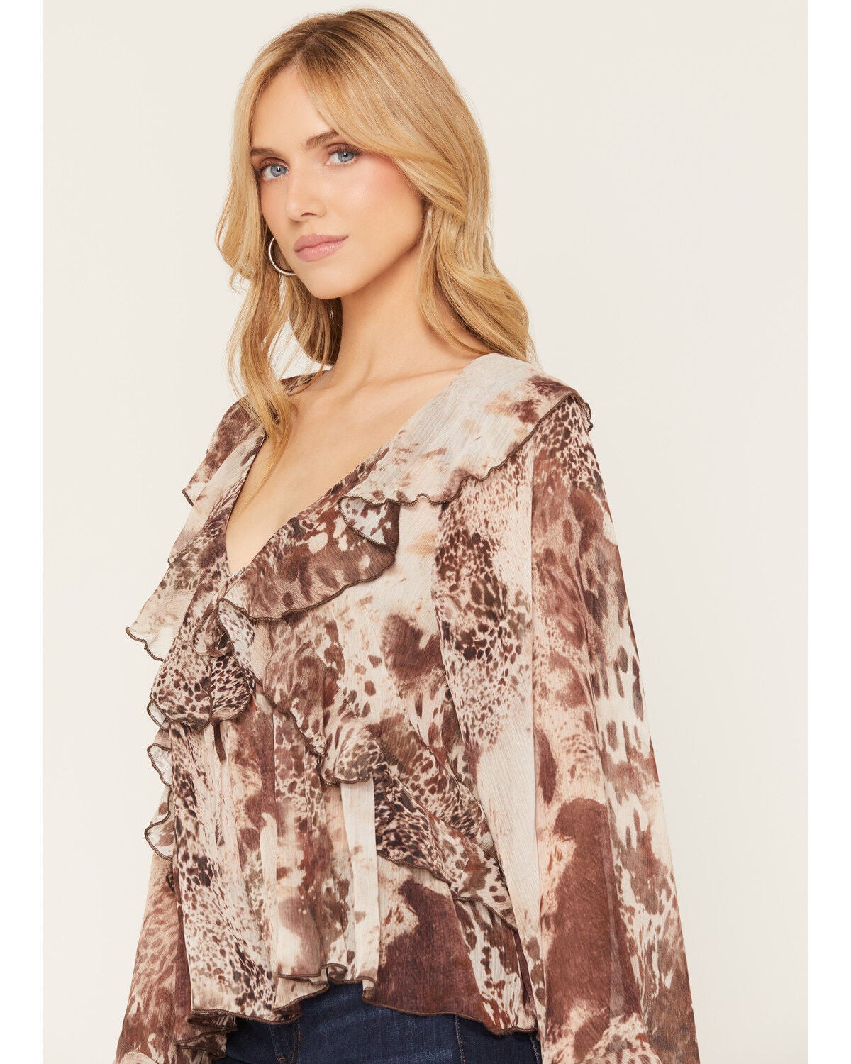 Image #2 - Shyanne Women's Randall Sheer Printed Ruffle Trim Top, Brown, hi-res