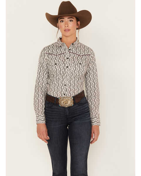 RANK 45® Women's Geo Striped Print Long Sleeve Button-Down Riding Shirt, Ivory, hi-res
