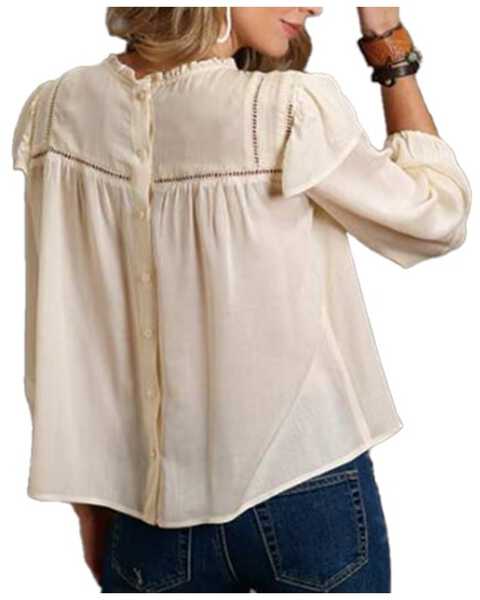 Image #2 - Stetson Women's Cream Herringbone Pleated Long Sleeve Blouse Top , Cream, hi-res
