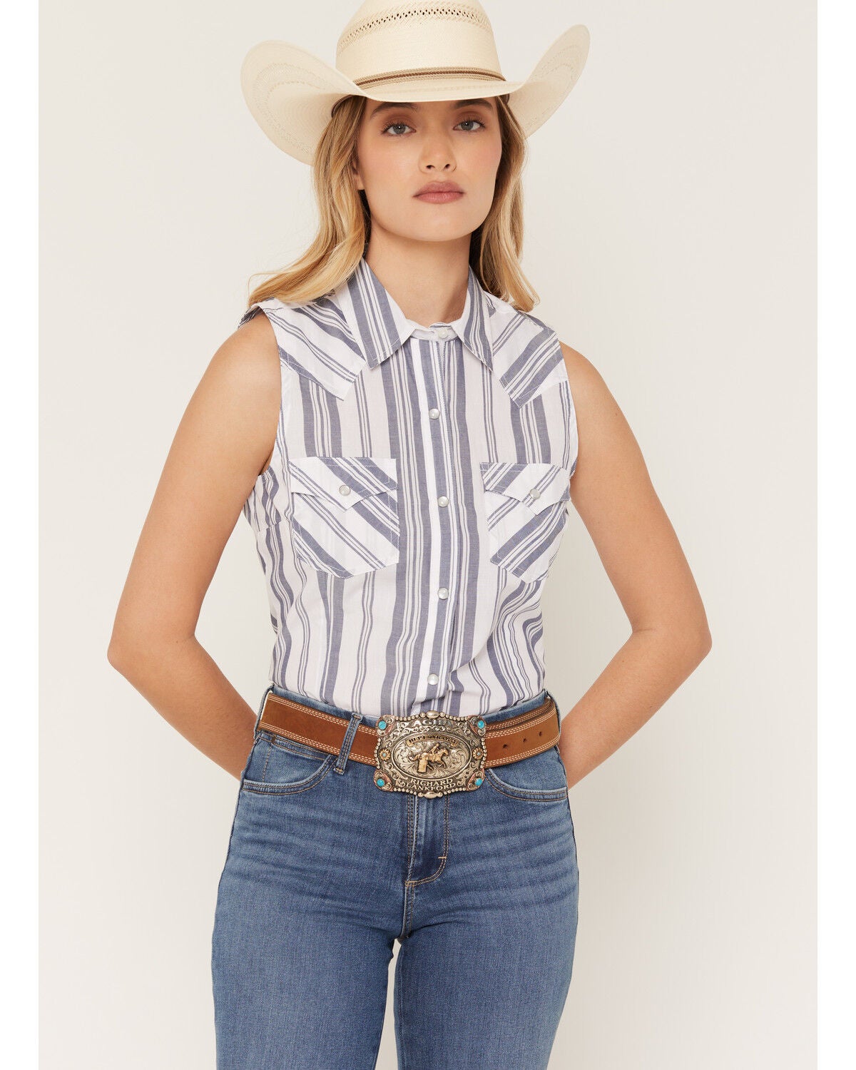 Image #1 - Wrangler Retro Women's Boot Barn Exclusive Striped Sleeveless Pearl Snap Western Shirt, Blue, hi-res