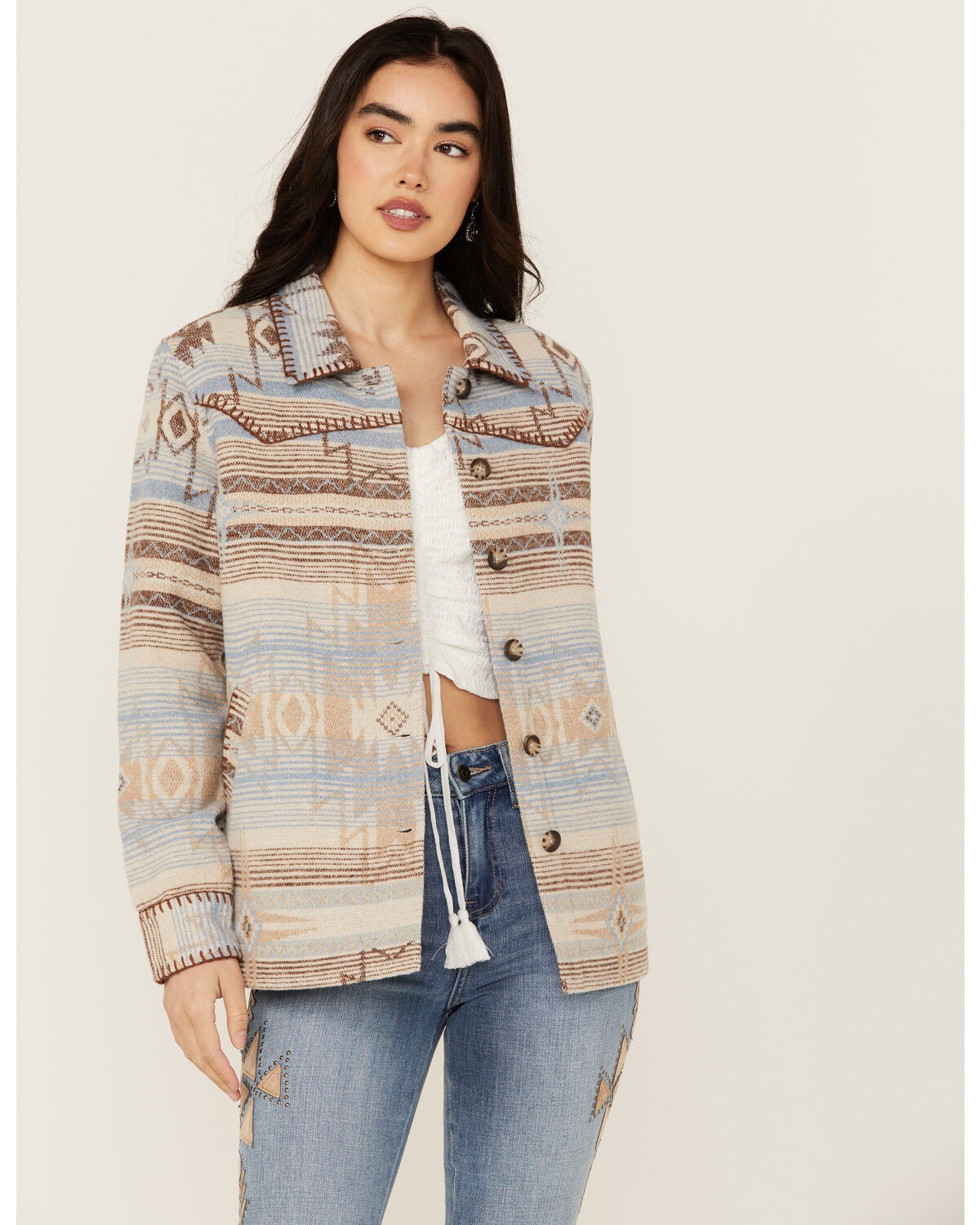 Idyllwind Women's Hickorydale Southwestern Print Shacket, Light Blue, hi-res