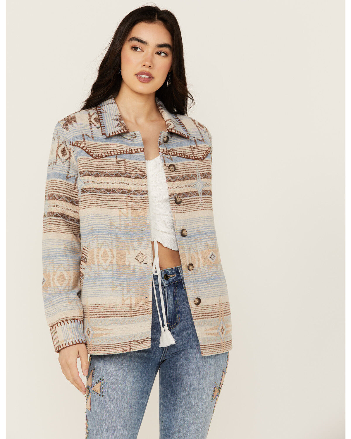 Image #1 - Idyllwind Women's Hickorydale Southwestern Print Shacket, Light Blue, hi-res