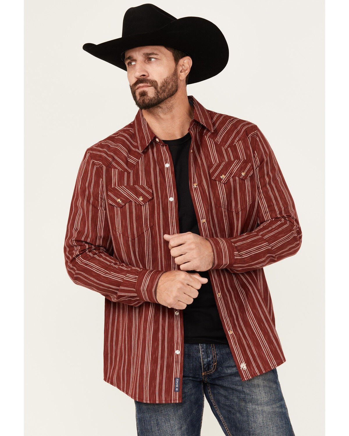 Moonshine Spirit&reg; Men's El Jefe Dobby Striped Print Long Sleeve Snap Western Shirt, Burgundy, hi-res