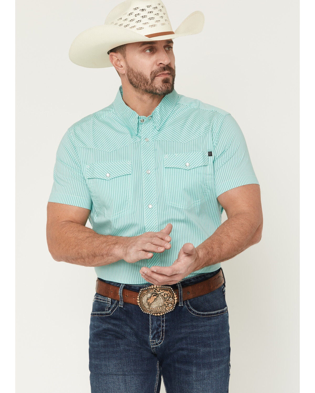 Image #1 - Rock & Roll Denim Men's TEK Core Striped Short Sleeve Pearl Snap Stretch Western Shirt, Turquoise, hi-res