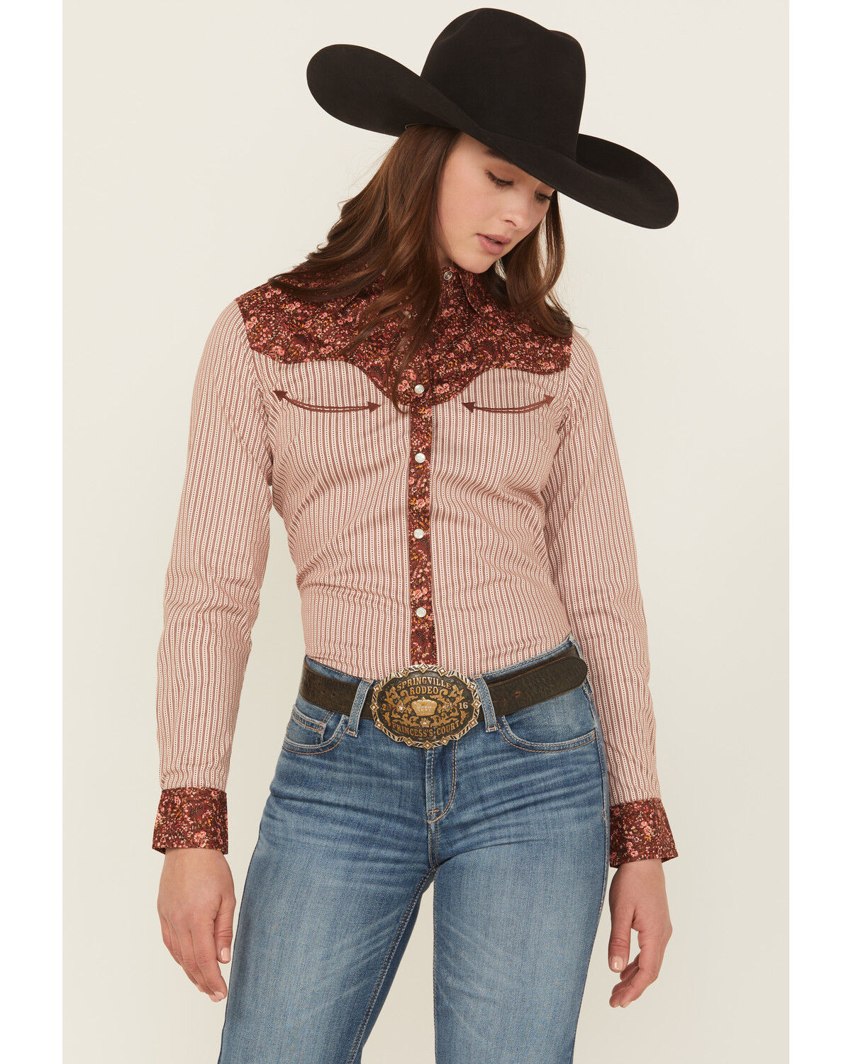 Image #1 - Shyanne Women's Striped And Floral Print Long Sleeve Snap Stretch Western Shirt, Light Pink, hi-res
