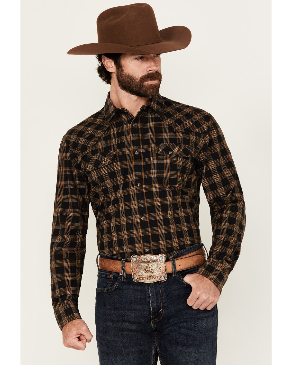 Blue Ranchwear Men's Cedar Plaid Print Long Sleeve Snap Western Shirt, Dark Brown, hi-res