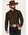 Image #1 - Blue Ranchwear Men's Cedar Plaid Print Long Sleeve Snap Western Shirt, Dark Brown, hi-res