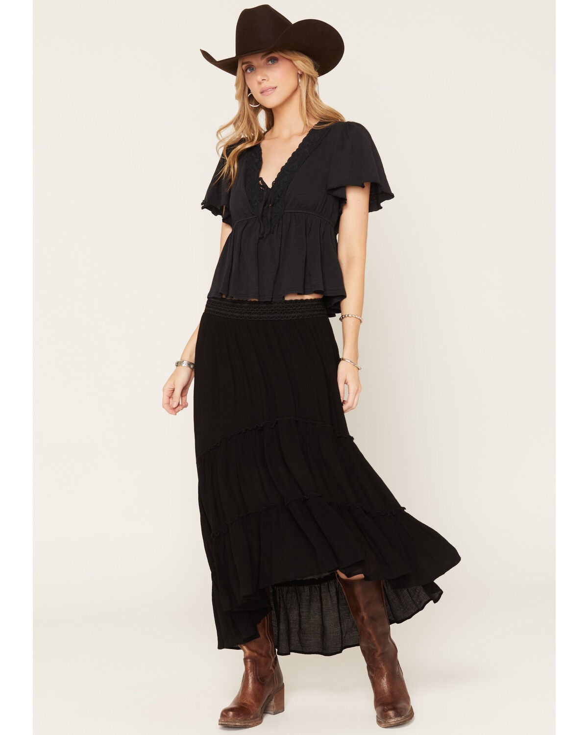 Shyanne Women's Sara High-Low Tiered Midi Skirt, Black, hi-res