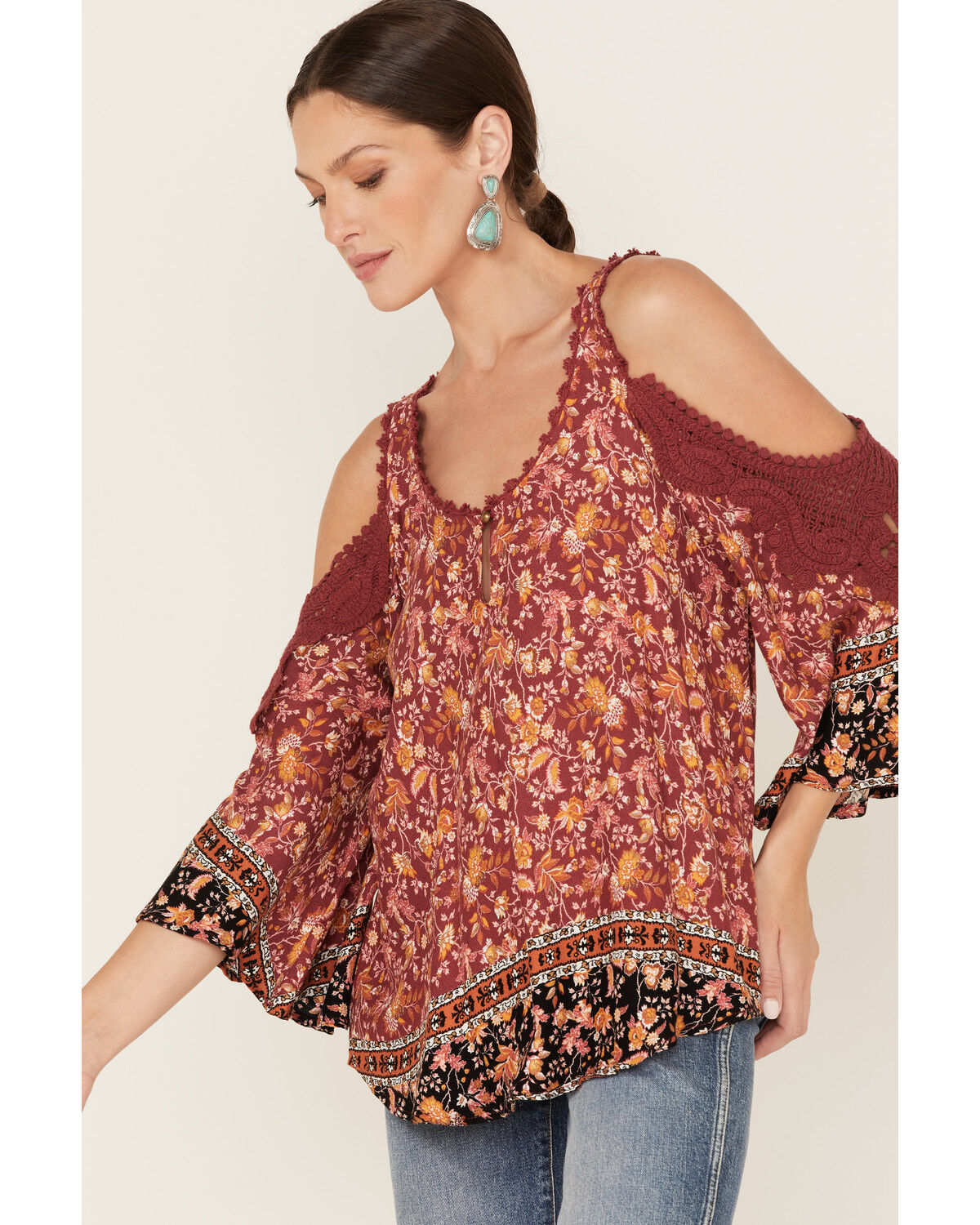 Image #2 - Wild Moss Women's Floral Print Cold Shoulder Top, Rust Copper, hi-res