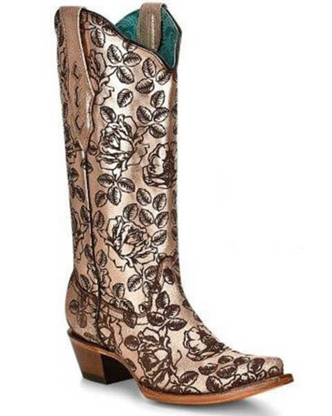 Corral Women's Laser Floral Western Boots - Snip Toe, Gold, hi-res