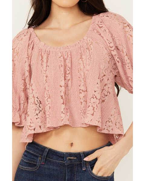 Image #3 - Free People Women's Stacey Lace Cropped Shirt, Pink, hi-res