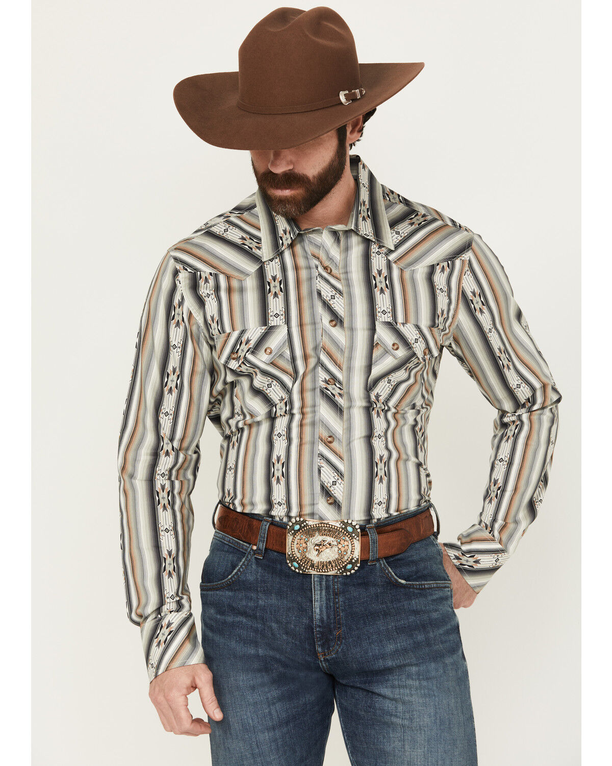 Image #1 - Rock & Roll Denim Men's Southwestern Striped Long Sleeve Snap Stretch Western Shirt, Black, hi-res