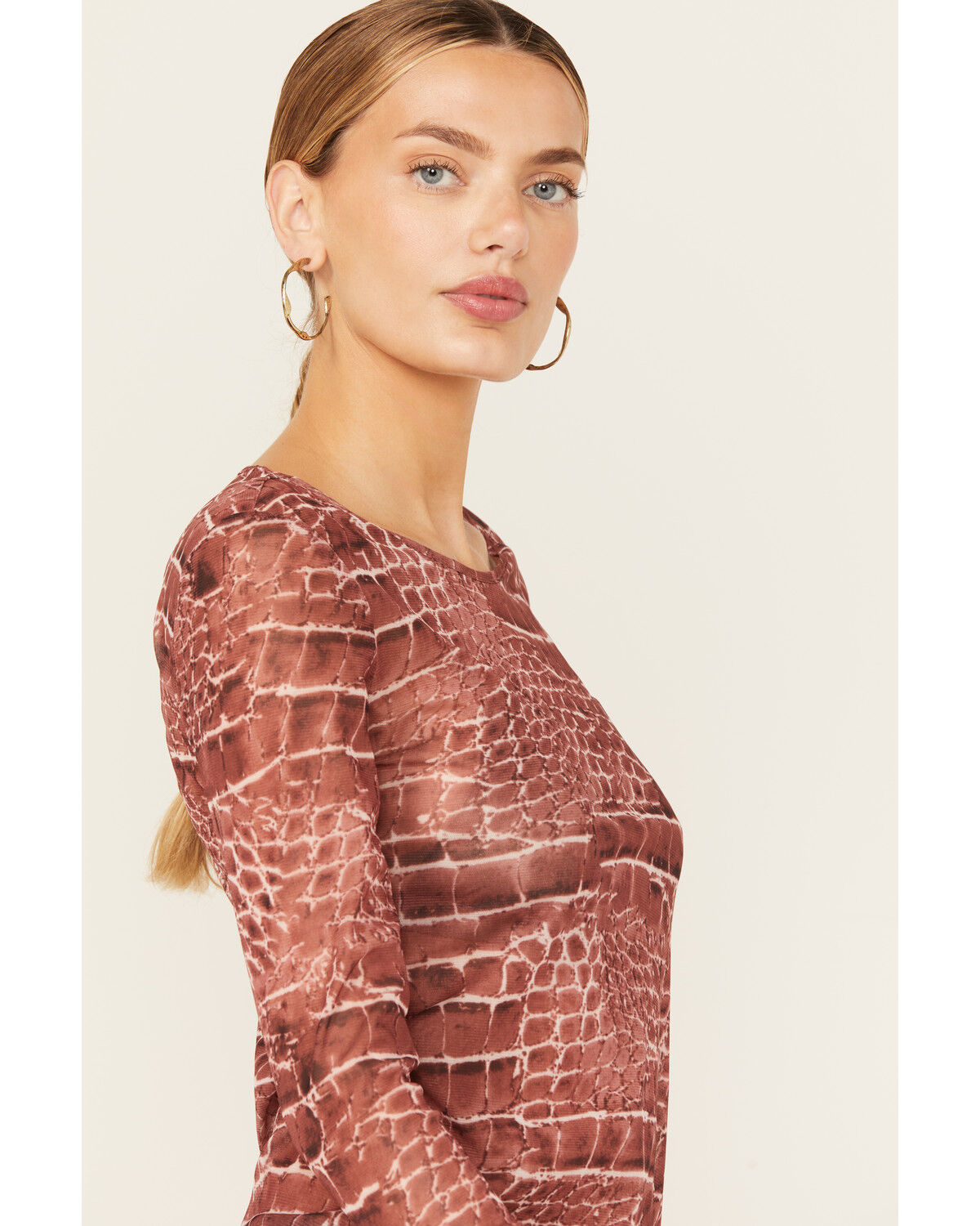 Image #2 - Vocal Women's Snake Print Long Sleeve Mesh Top, Rust Copper, hi-res