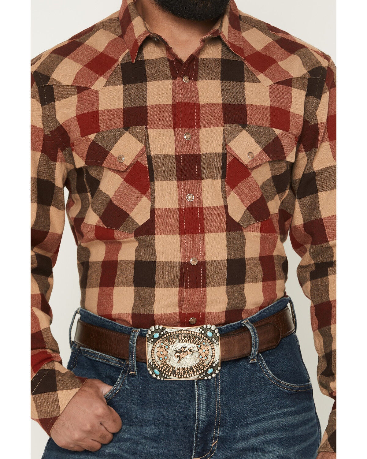 Image #3 - Pendleton Men's Boot Barn Exclusive Wyatt Plaid Print Long Sleeve Snap Western Shirt, Tan, hi-res