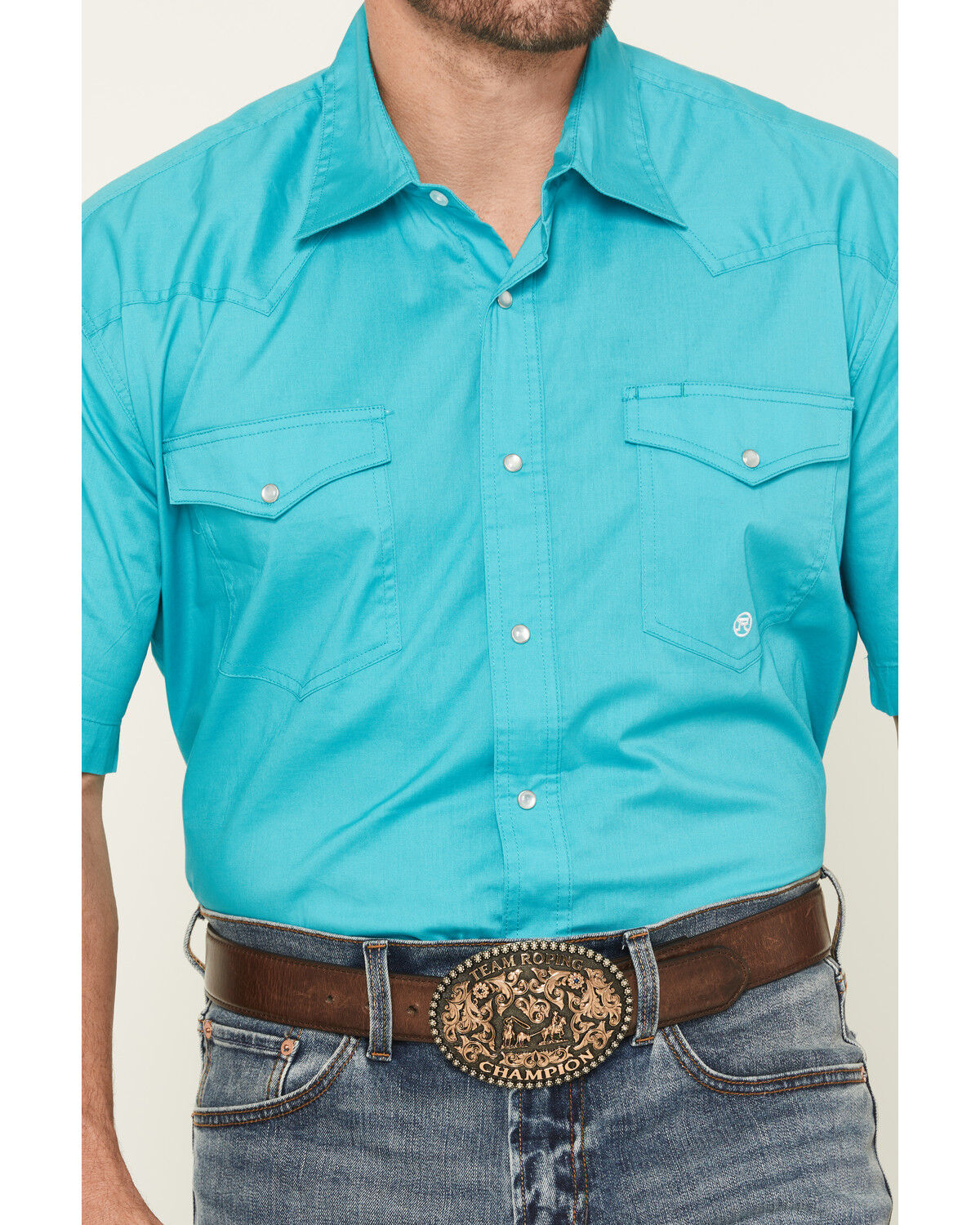 Image #3 - Roper Men's Amarillo Solid Short Sleeve Pearl Snap Stretch Western Shirt, Teal, hi-res