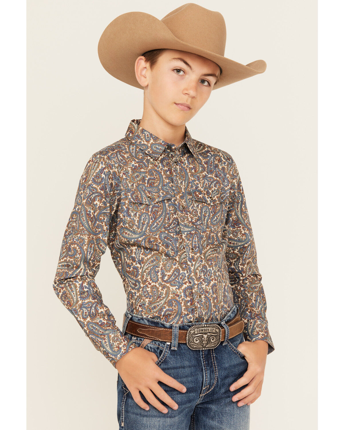 Image #1 - Cody James Boys' Madera Paisley Print Long Sleeve Snap Western Shirt, Blue, hi-res