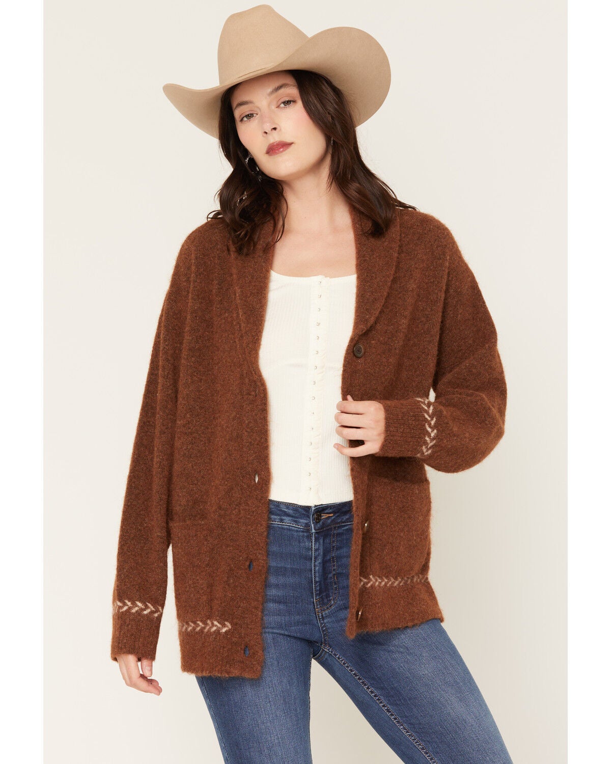 Shyanne Women's Remington Horse Icon Button-Down Cardigan, Brown, hi-res