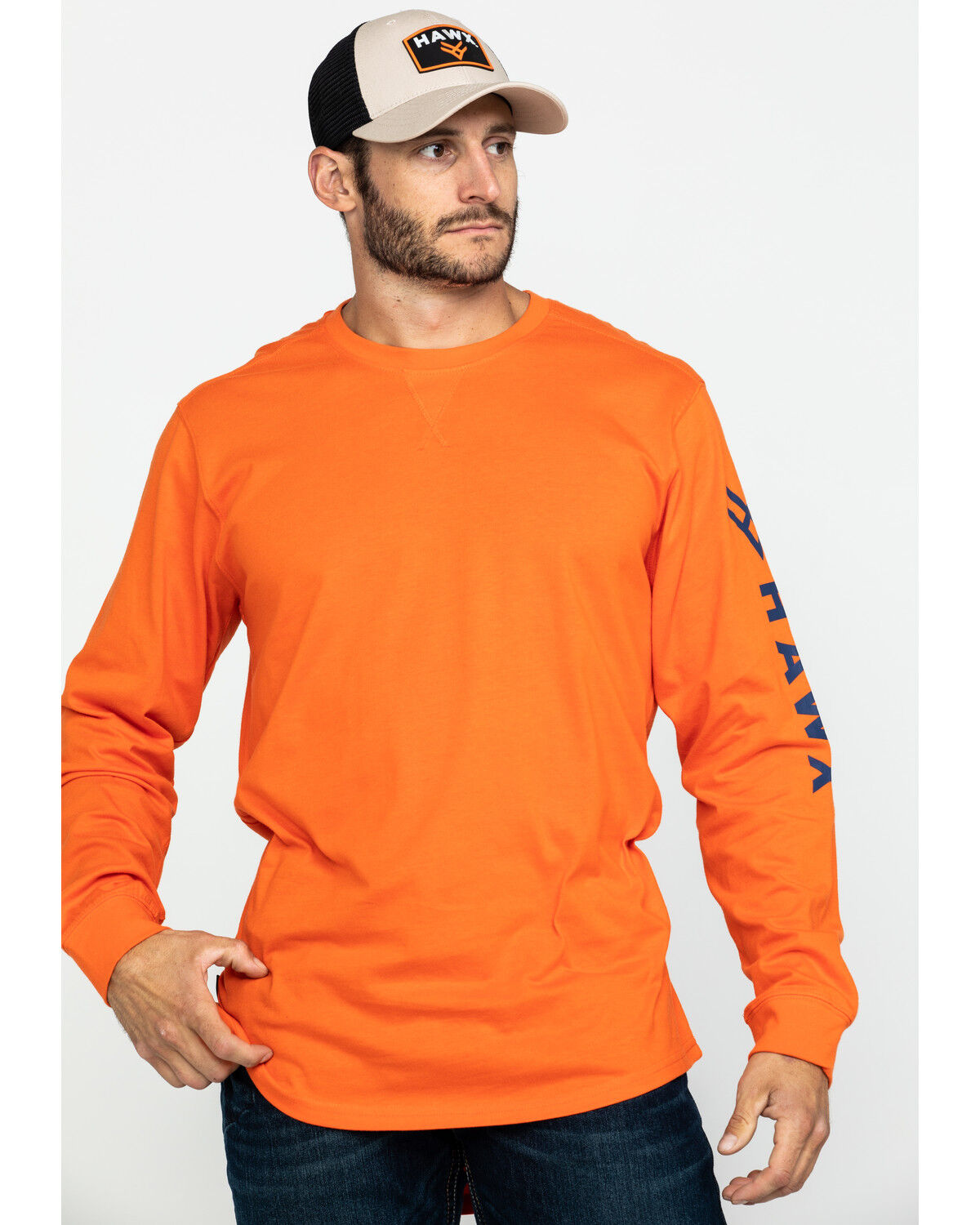 Image #1 - Hawx Men's Orange Logo Long Sleeve Work T-Shirt - Tall, Orange, hi-res