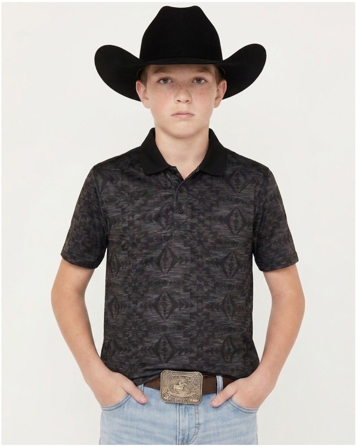 RANK 45&reg; Boys' Tonal Southwestern Print Short Sleeve Polo, Charcoal, hi-res