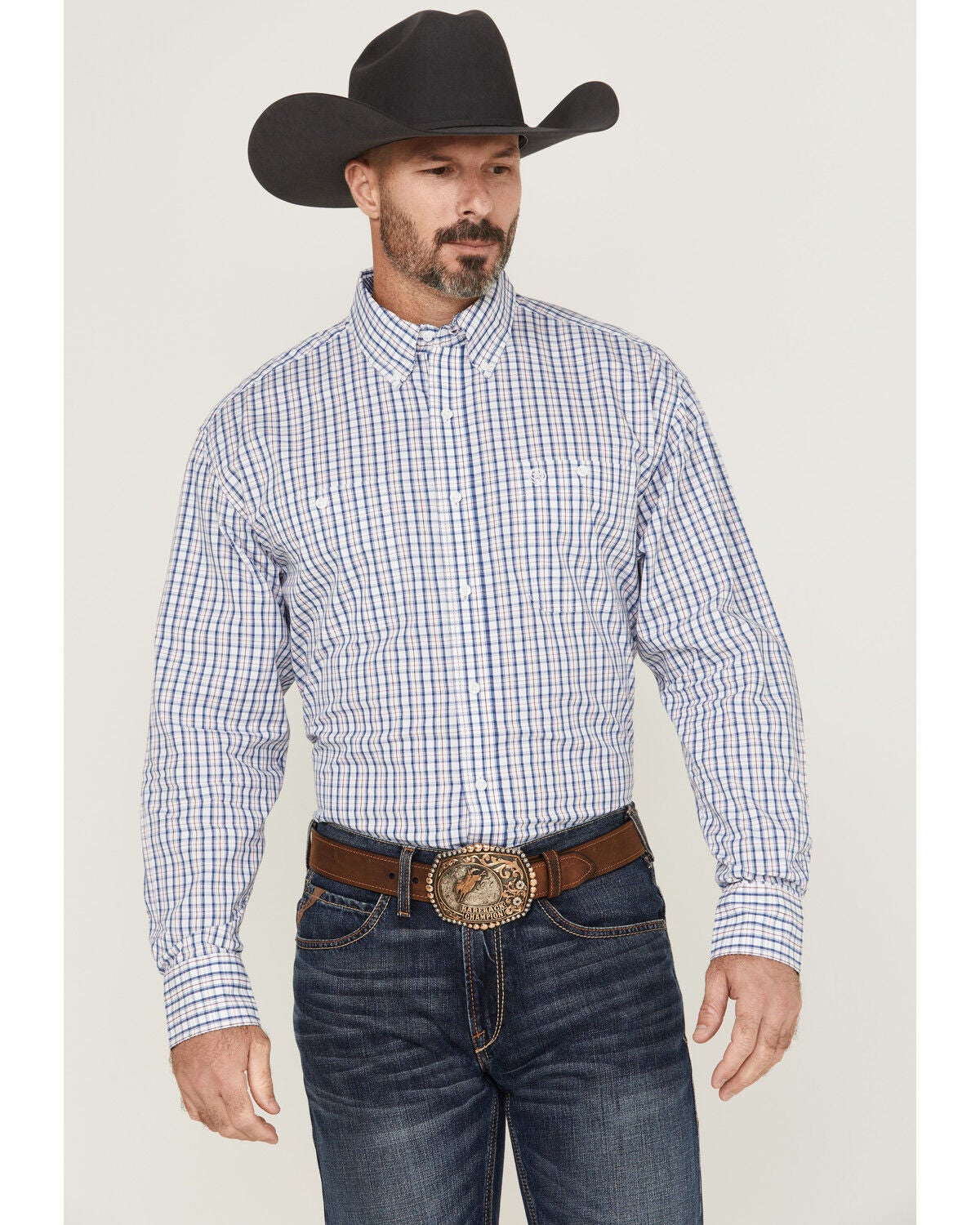 Image #1 - Wrangler Men's Plaid Print Long Sleeve Button-Down Stretch Western Shirt, Blue, hi-res