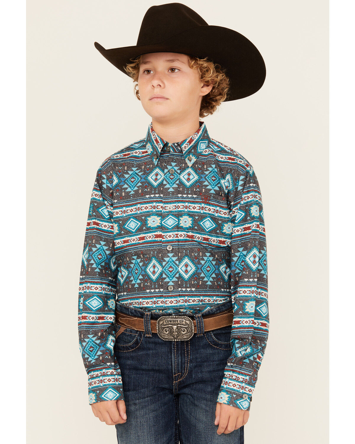 Image #1 - Ariat Boys' Classic Southwestern Striped Long Sleeve Button-Down Western Shirt, Teal, hi-res